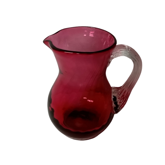 Pilgrim Cranberry Glass Small Pitcher Creamer 4" Reed Handle Vintage - Picture 4 of 11